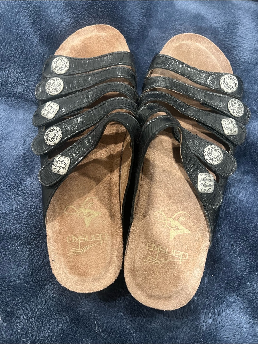Dansko Janie Black Multi-Strap Leather Slide Sandals with Silver Buttons